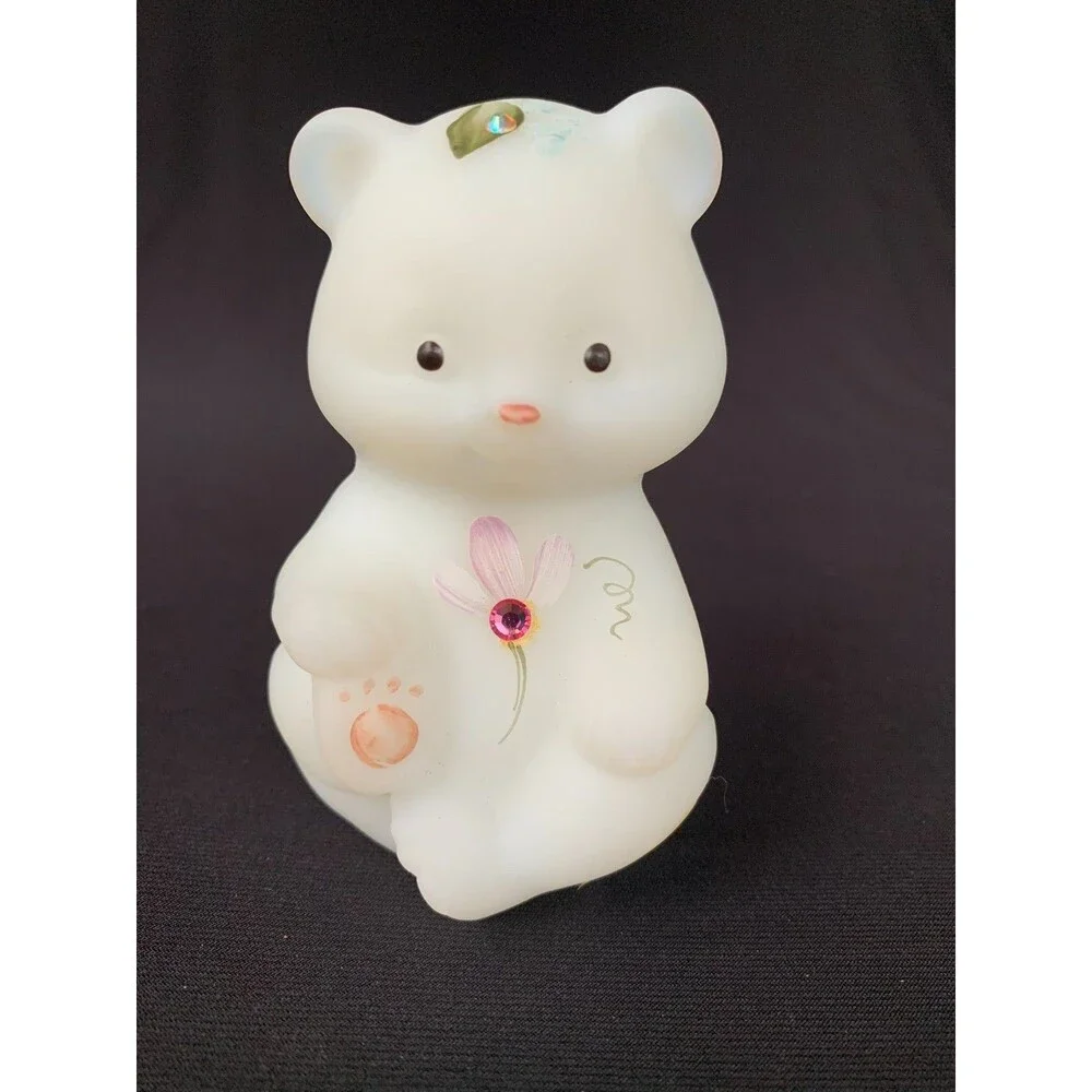 Vintage Fenton Glass Bear White Satin 2 Rhinestones 3.50” Figurine Hand Painted